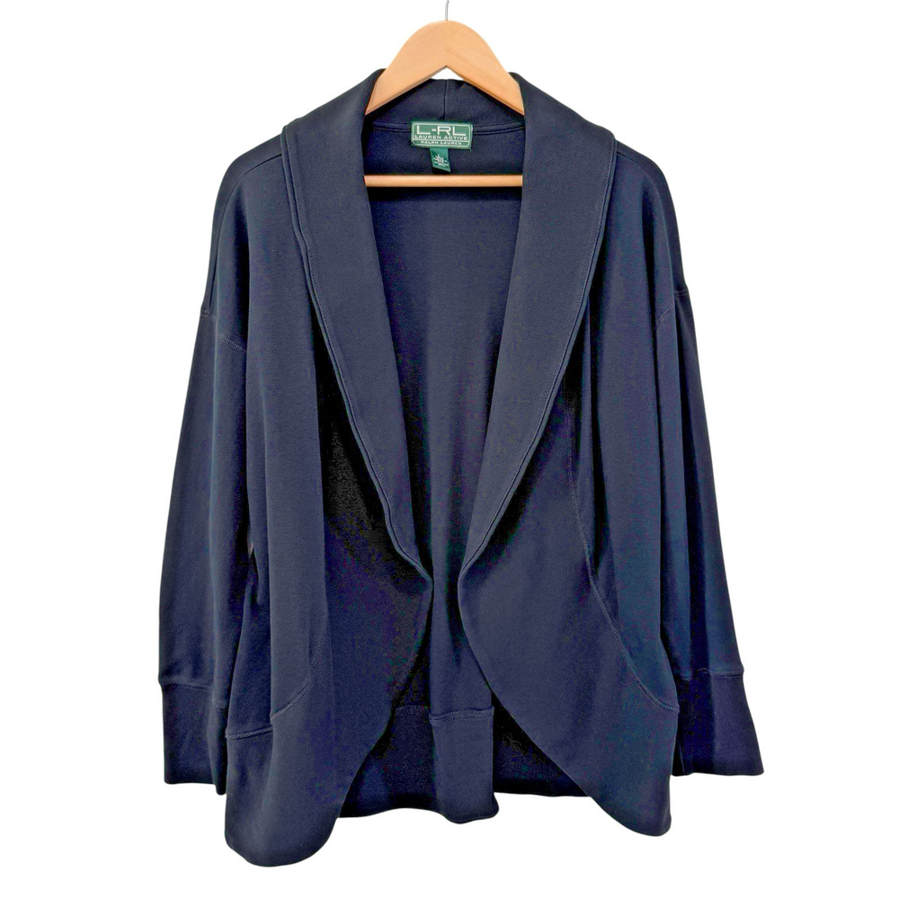Ralph Lauren Womens Black Cardigan Sz L Cotton Open Front Shawl Collar‎ Gorpcore